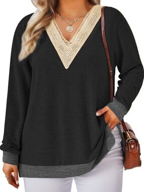 VISLILY Womens-Plus-Size-Tops Lace Trim V Neck Shirts Long Sleeve Sweatshirts Co